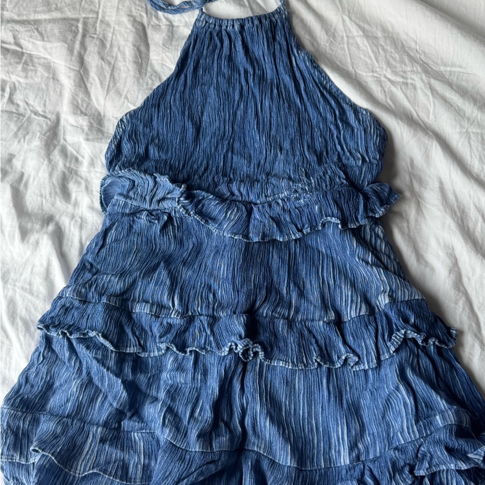 Blue Halter Neck Ruffle Dress